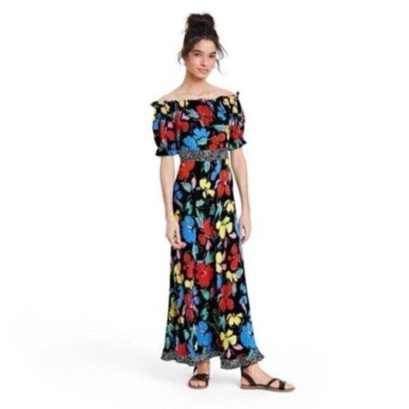 RIXO WOMENS BLACK AND FLORAL MAXI DRESS OFF THE SHOULDER Size 0 - Picture 1 of 14